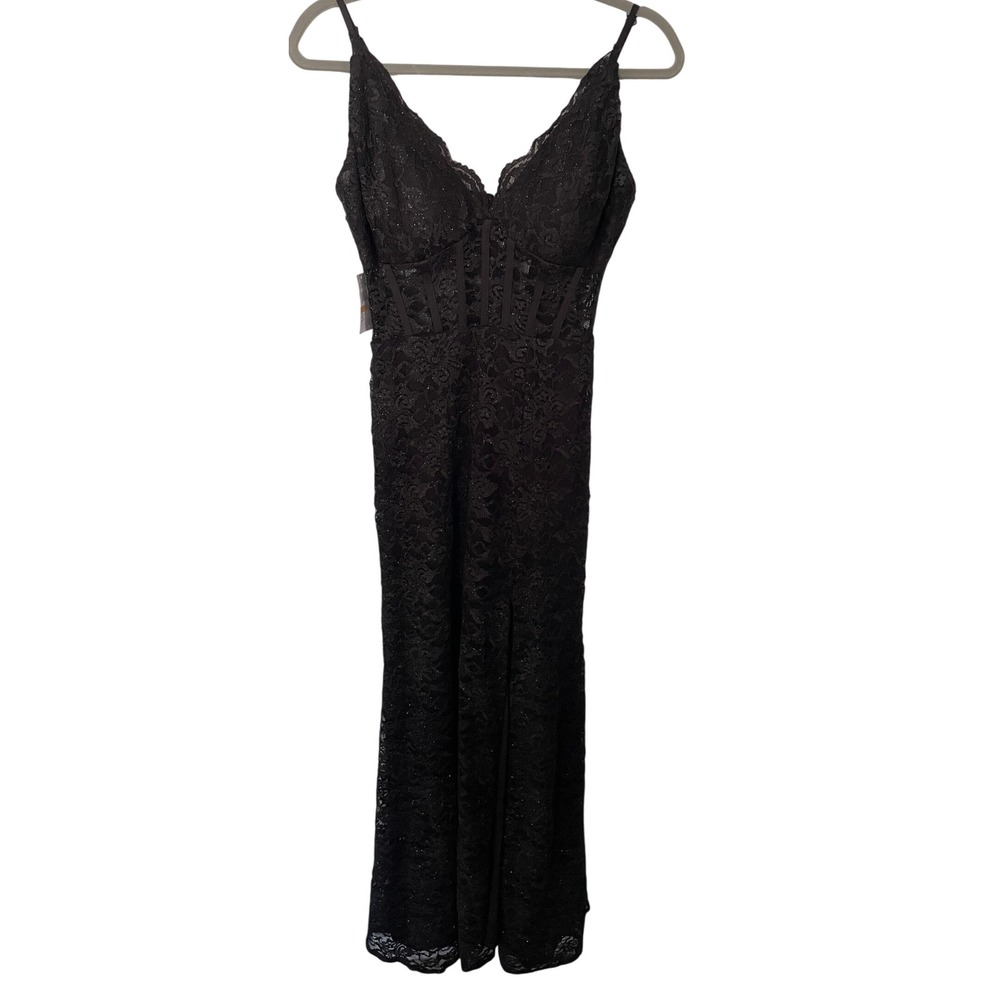 Morgan & Co Black Glitter Lace Corset Gown Maxi Dress Size 3 Slit Formal - Picture 3 of 7
